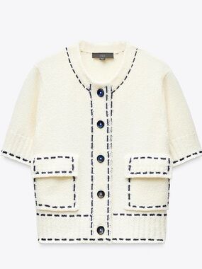 Zara Cream Short-Sleeve Cardigan with Navy Contrast Stitching